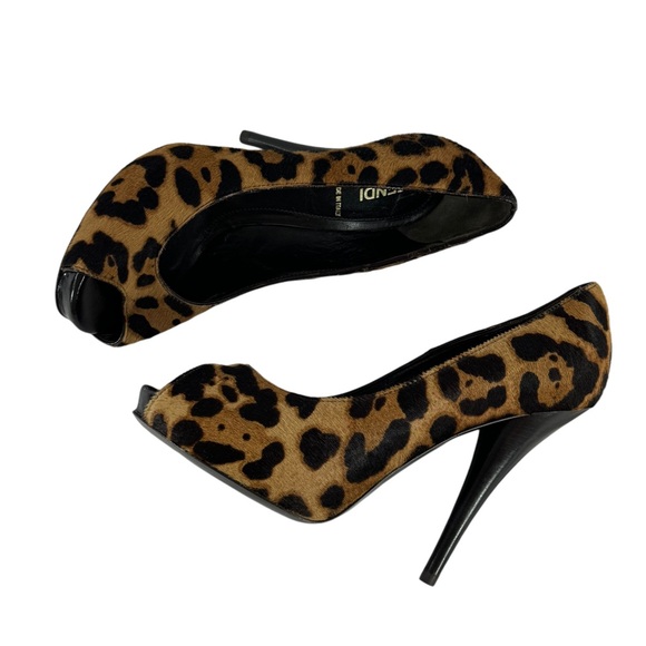 FENDI Calfskin Leopard Peep Toe Heeled Pumps Made in Italy Marked as 36.5-6.5US - Picture 7 of 10
